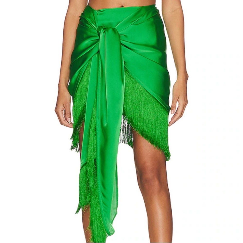 L’Academie “Stevie” Green Satin Fringe Skirt